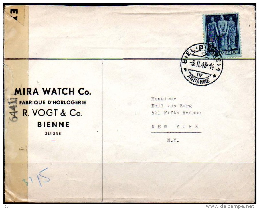 SWITZERLAND 1945 - CENSORED COVER With The 50r Of The Historical Set To New York - Covers & Documents