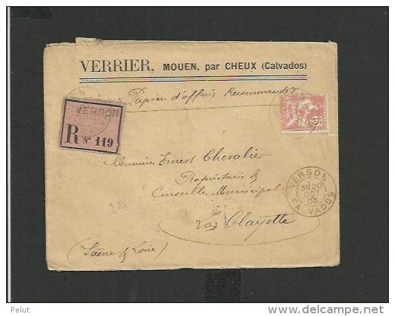 Enveloppe Recommandée 1903 à Verson Calvados - Verrier, Mouen Par Cheux - 1877-1920: Période Semi Moderne