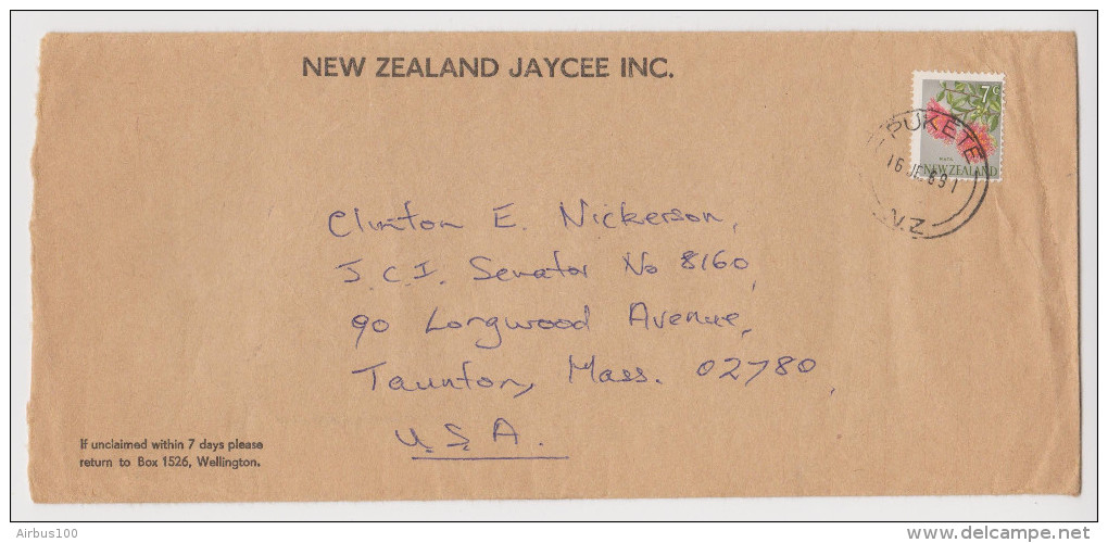 LETTRE COVER NEW ZEALAND JAYCE INC PUKETE 1991 POUR USA - 2 Scans - - Cartas & Documentos