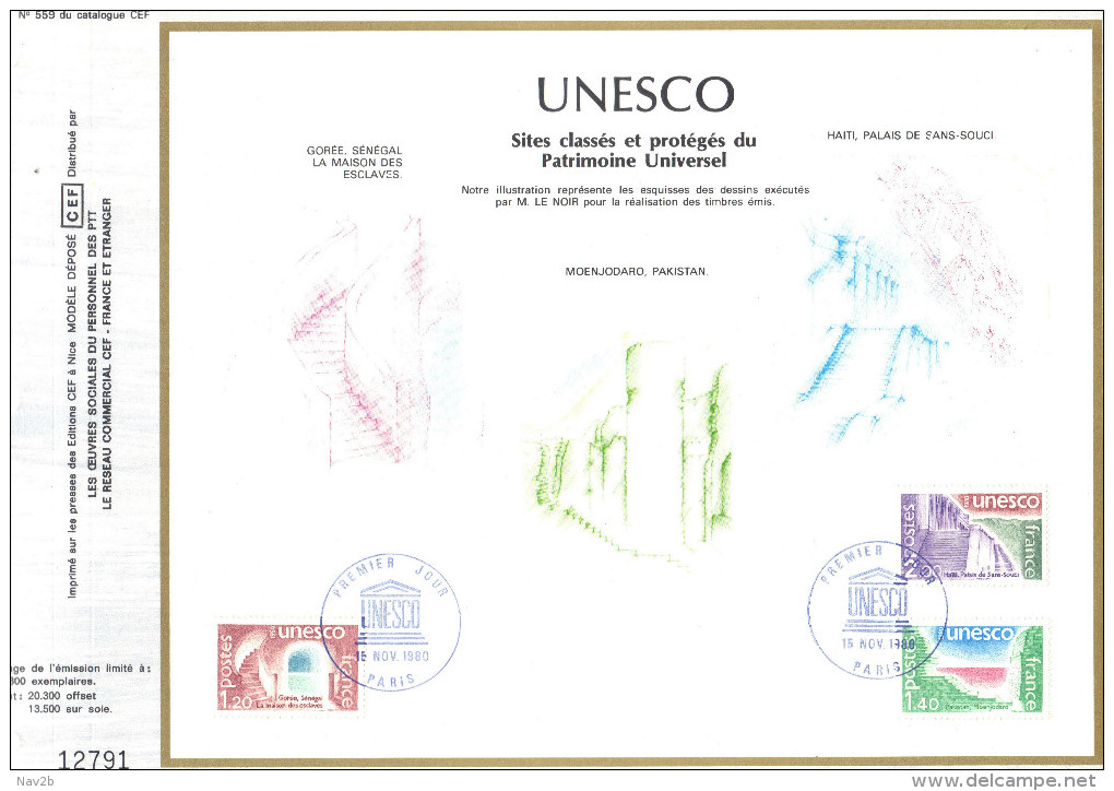 Sur Feuillet CEF , FDC Paris 1980 . UNESCO : Sites Classés Et Protégés Du Patrimoine Universel. Gorée , Haiti ,Pakistan - UNESCO