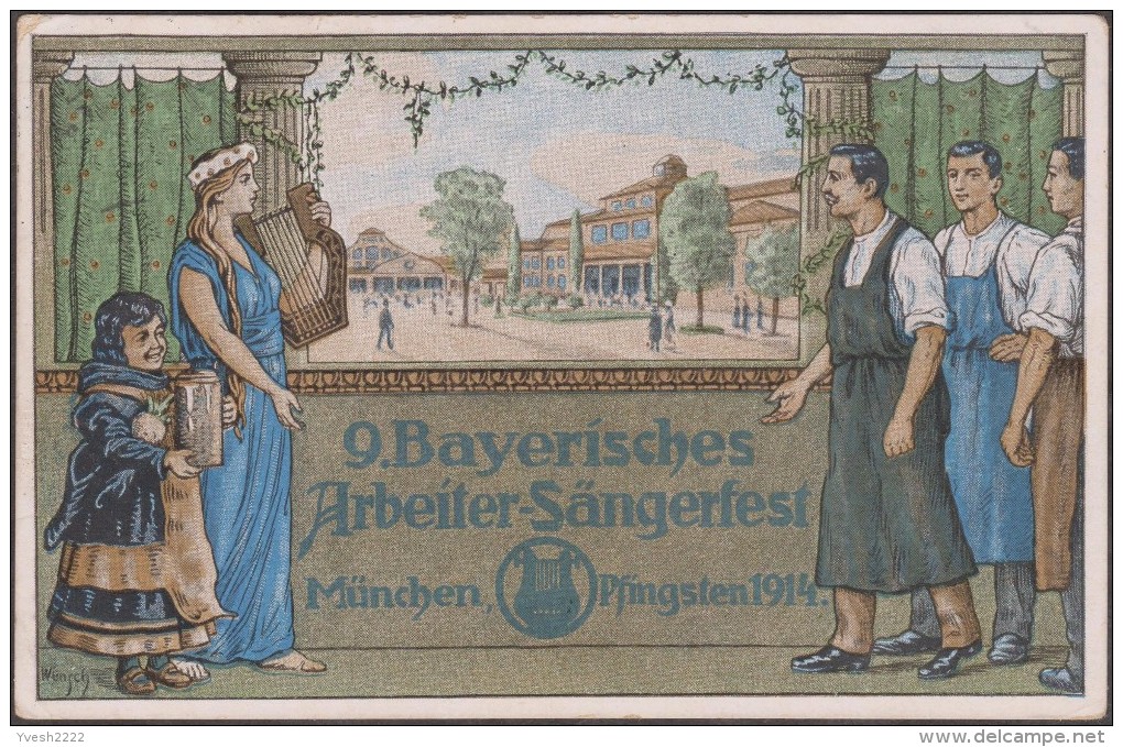 Bavière 1914. Entier Postal TSC. 9. Bayerisches Arbeiter-Sängerfest, München Pfingsten. Chanteurs, Tabliers De Travail - Music