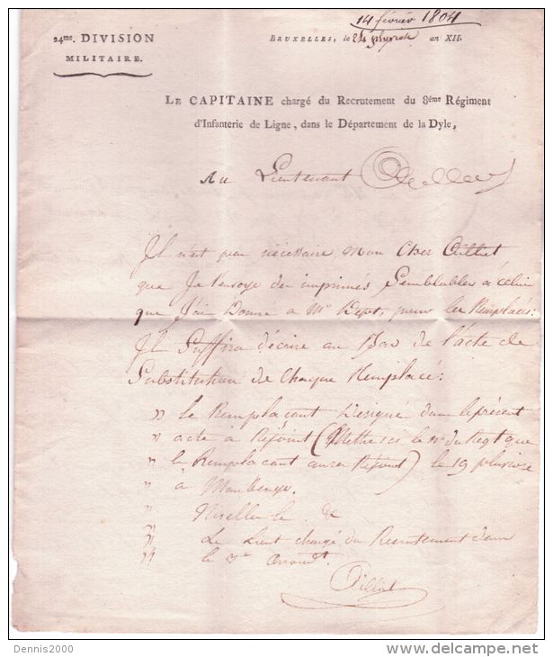 1803- TERR. CONQUIS - Lettre De 94 / BRUXELLES (la Dyle) 33 Mm Rouge 4 à Gauche-lettre De La 24è Div. Mil. - 1801-1848: Précurseurs XIX