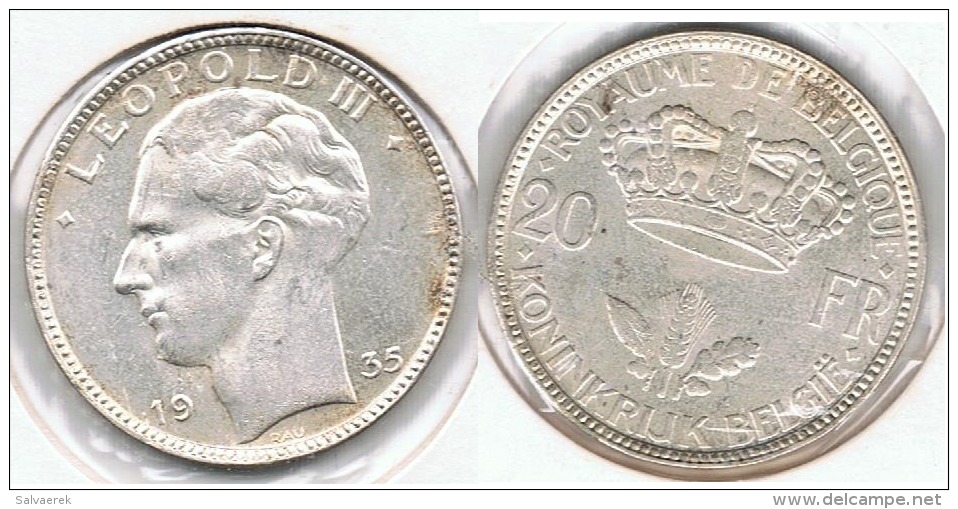BELGICA 20 FRANCS 1935 PLATA SILVER D61 - 20 Francs