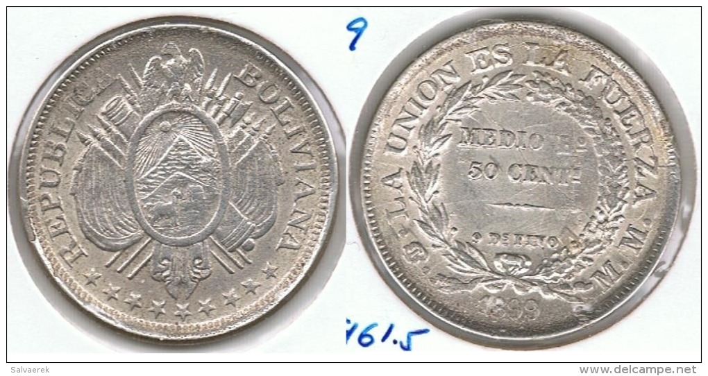 BOLIVIA MEDIO BOLIVIANO 1899 PLATA SILVER D70 - Bolivia