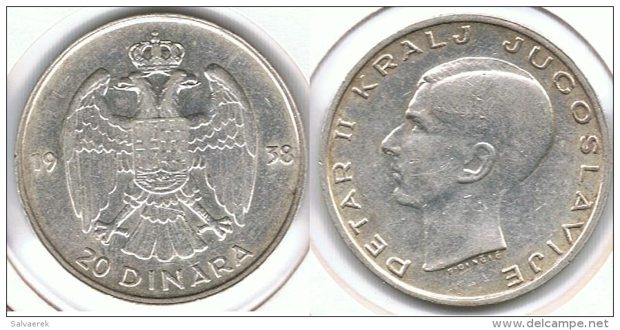 YUGOSLAVIA 20 DINARES 1938 PLATA SILVER D65 - Yugoslavia