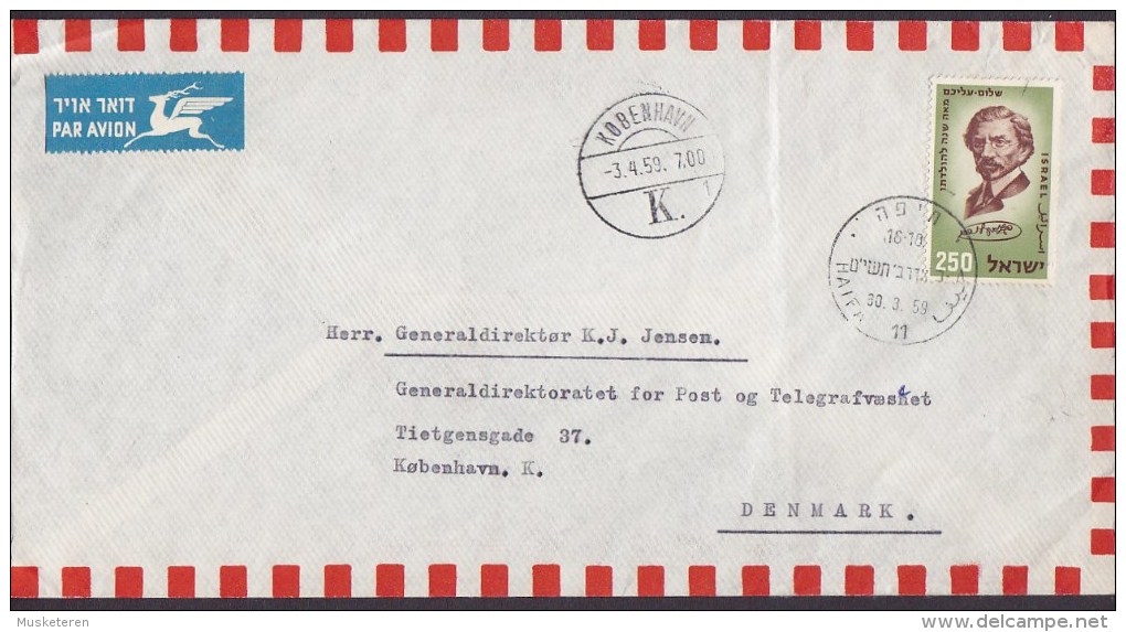 Israel PAR AVION Label SIGV. GRENIMAN, HAIFA 1959 Cover Lettera KØBENHAVN K. Denmark Scholem Alejchem Stamp - Aéreo