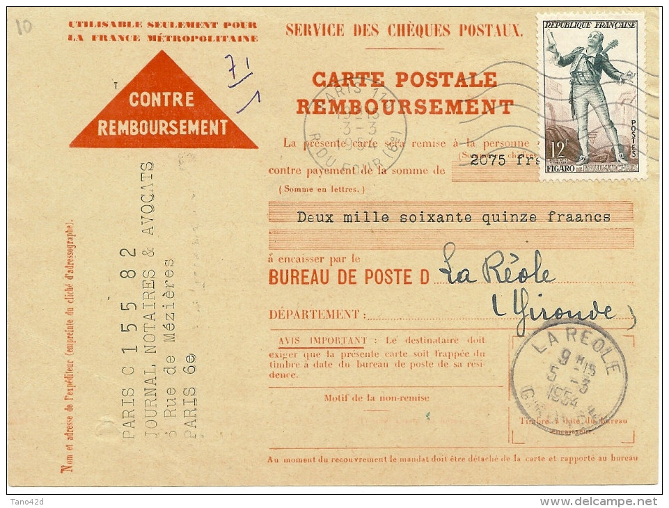 LGZ- FRANCE FIGARO 12f SUR CONTRE REMBOURSEMENT DE MARS 1954 - Postal Rates