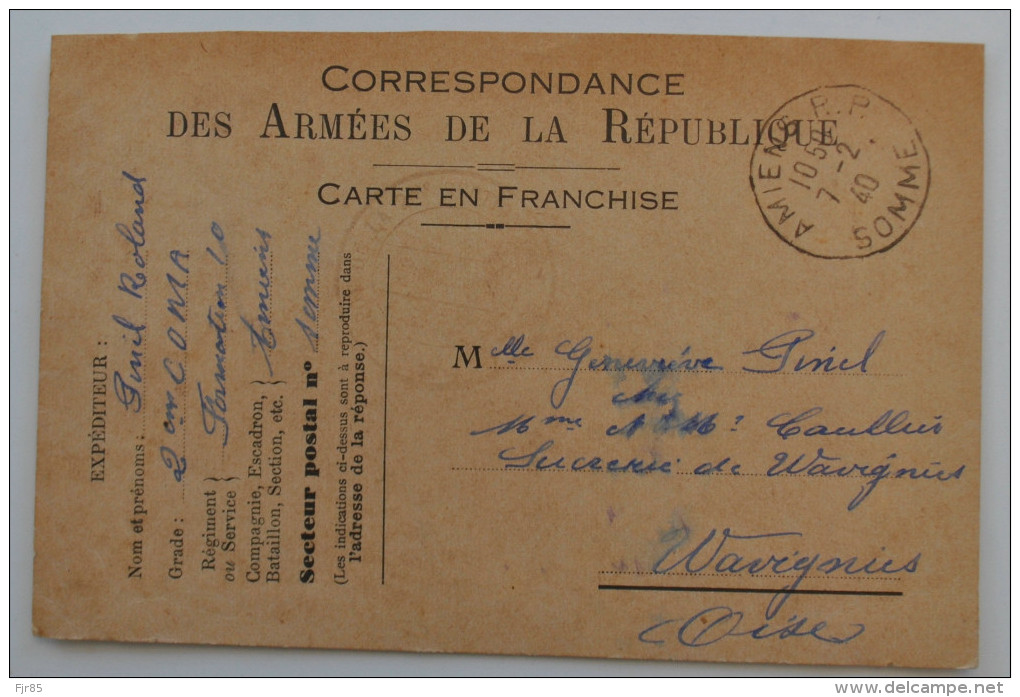 CARTE DE CORRESPONDANCE DES ARMEES DE LA REPUBLIQUE   CARTE EN FRANCHISE SECTION D AMIENS - Autres & Non Classés