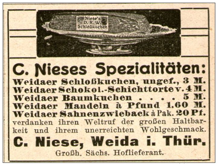 Original-Werbung/Inserat/ Anzeige 1914 - SCHLOSSKUCHEN/ BAUMKUCHEN / NIESE - WEIDA IN THÜRINGEN - Ca. 55 X 45 Mm - Werbung