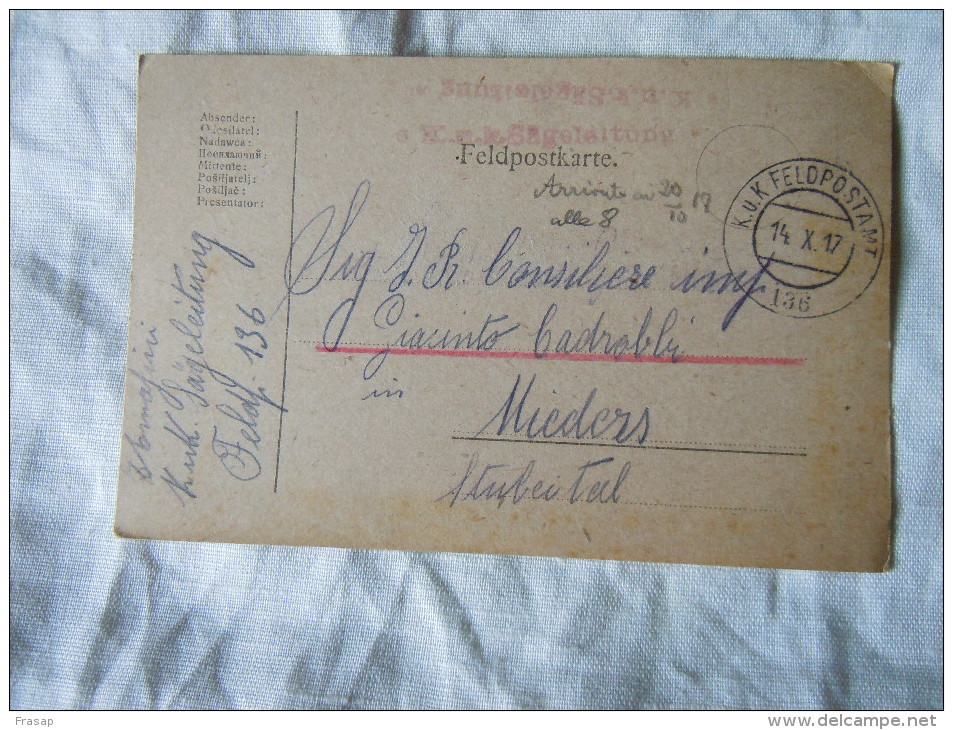 Franchigia Feldpost Feldpostkorrespondenzkart E Feldpostkarte KUK DEL 14-10-1917 N136 - Franchise