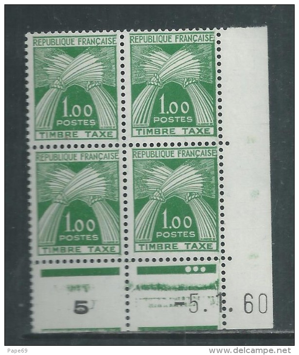 France Timbres-Taxe N° 94 X  : 1 F. En Bloc De 4 Coin Daté Du 5 . 1 . 60 . 3 Points Blancs, Trace Charnière Sinon TB - Strafport