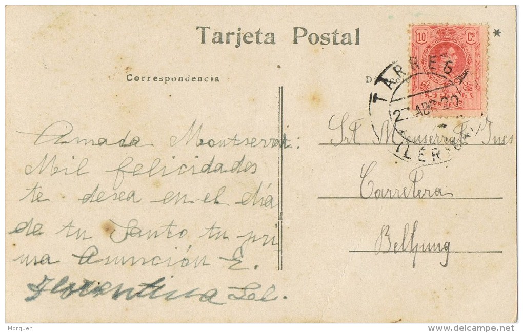 13394. Postal TARREGA (Lerida) 1920 A Bellpuig - Cartas & Documentos