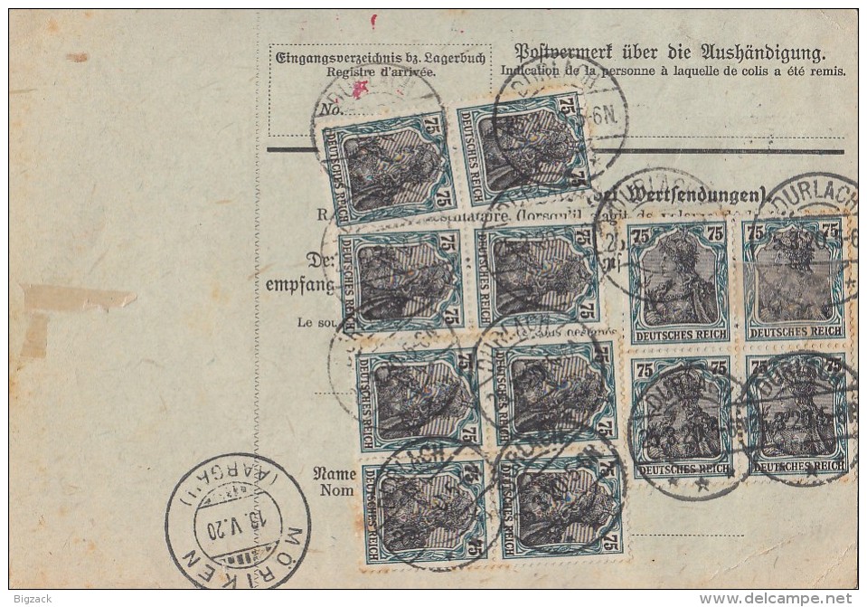 DR Paketkarte Mef Minr.16x 104 Durlach 25.3.20 Gel. In Schweiz - Briefe U. Dokumente