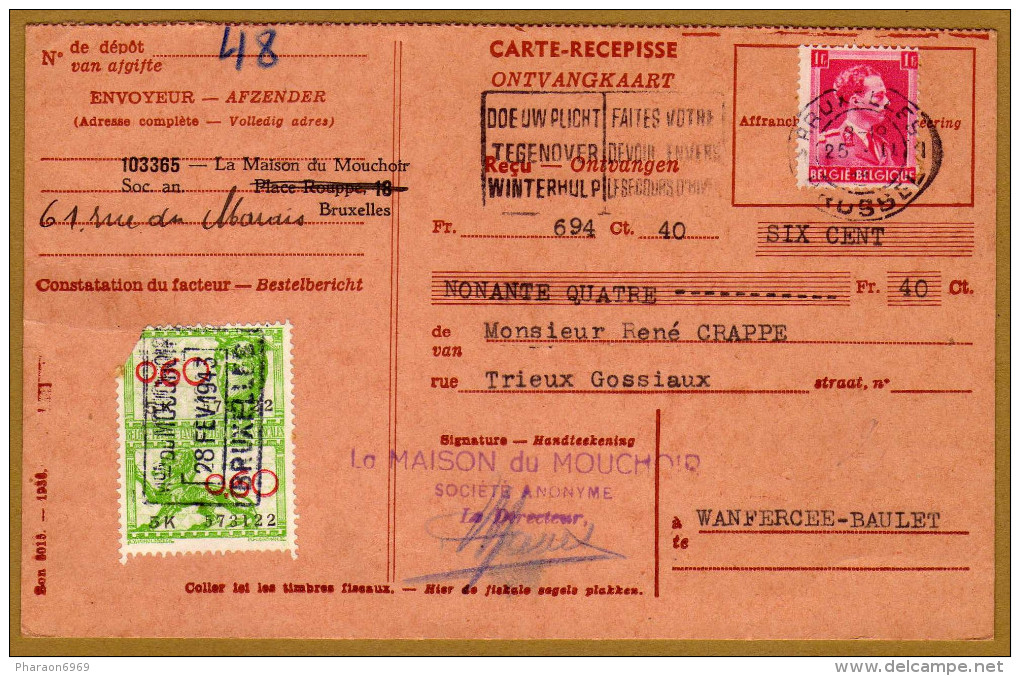 Carte Récépissé Ontvangkaart 528+ Timbre Fiscal Bruxelles à Wanfercée Baulet - Documents