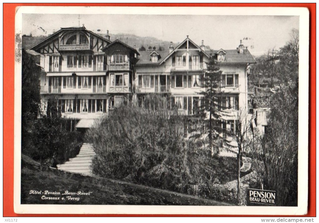 EZD-17  Hotel-Pension Beau-Réveil Corseaux Sur Vevey. Cachet La Prudence Sur Les Routes Prévient Les Accidents 1951 - Corseaux