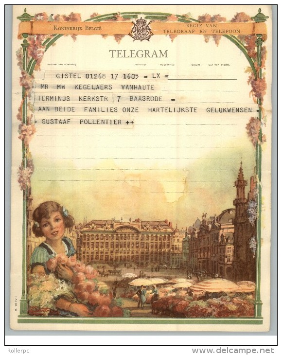 011907 LUXURY TELEGRAM # B10 (V.) - BACK STAMPTED WITH RECTANGULAR TELEGRAPH CANCEL - DENDERMONTE/T 10 I 1956 T/*   * - Telegrams