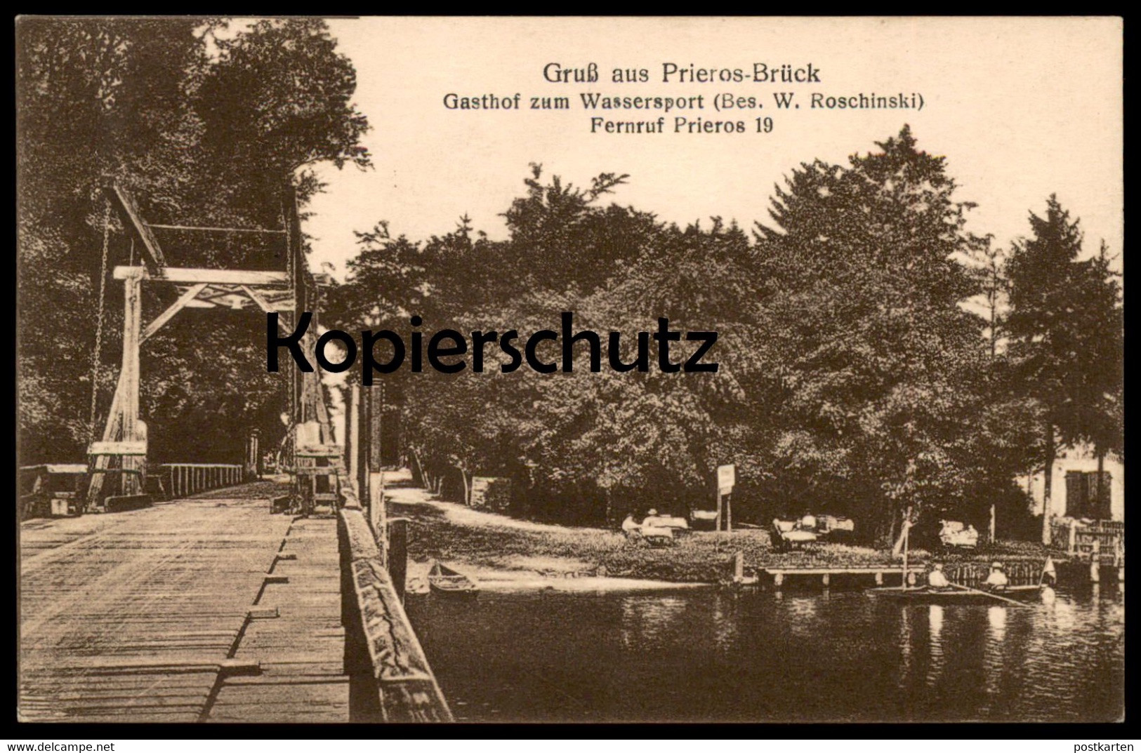 ALTE POSTKARTE GRUSS AUS PRIEROS-BRÜCK GASTHOF ZUM WASSERSPORT BES. W. ROSCHINSKI HEIDESEE Prierosbrück Gräbendorf Cpa - Brück