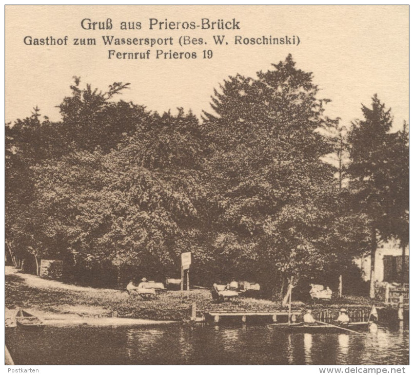 ALTE POSTKARTE GRUSS AUS PRIEROS-BRÜCK GASTHOF ZUM WASSERSPORT BES. W. ROSCHINSKI HEIDESEE Prierosbrück Gräbendorf Cpa - Brueck