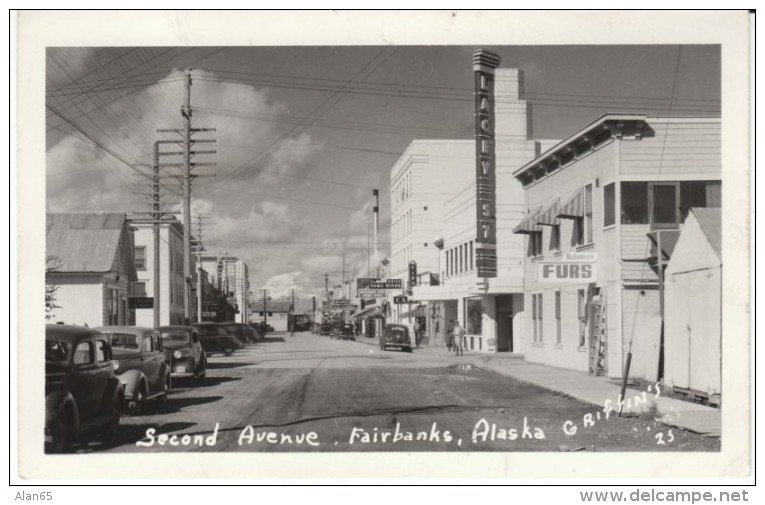 Fairbanks Alaska, Street Scene, Fur Store Sign, Auto, C1940s Vintage Real Photo Postcard - Fairbanks