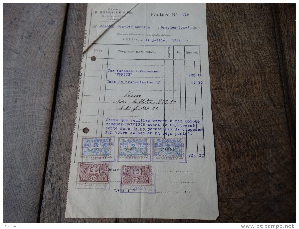 Document(facture) De 1924 Maison E.SOMVILLE Et Fils -5 Timbres Fiscaux à CHIMAY - Documents