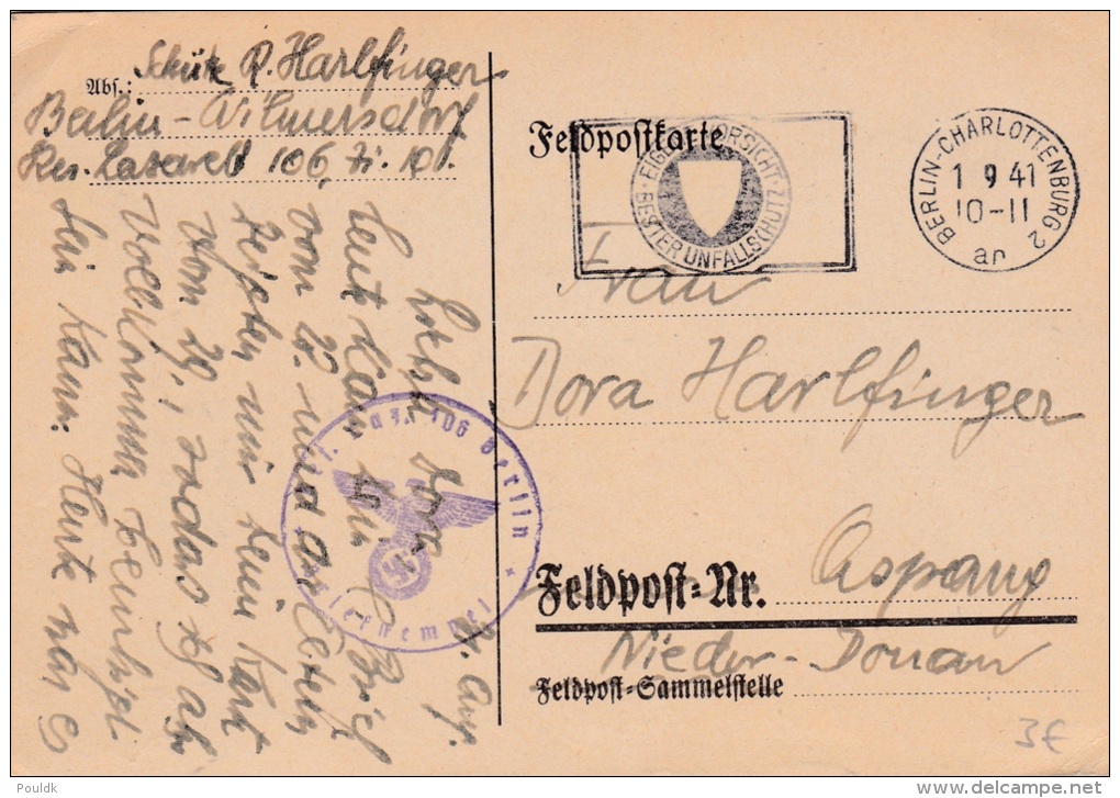 Feldpost WW2:  Reserve Lazarett In Berlin P/m Berlin-Charlottenburg 1.9.1941 - Plain Postcard (G34-8) - Militaria