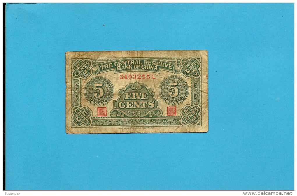 CHINA - 5 Cents - ( 1940 ) - P  J 2.a -  The Central Reserve Bank - Japanise Puppet Banks - 2 Scans - China