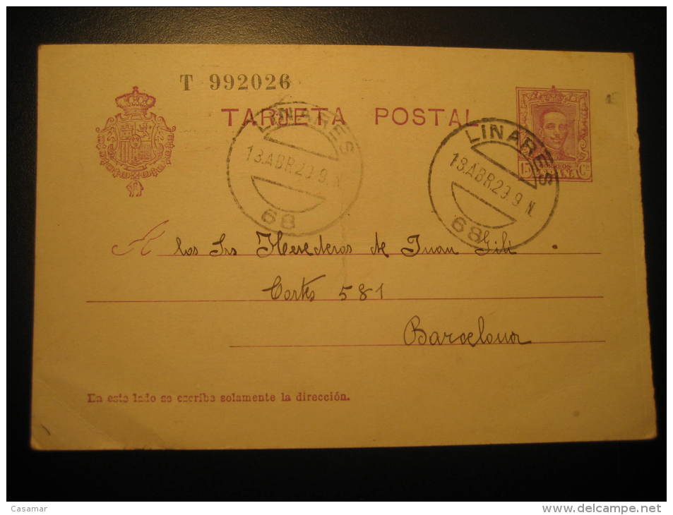 LINARES Jaen 1929 To Barcelona Alfonso XIII Postal Stationery Card N&ordm; 57 Spain - Covers & Documents