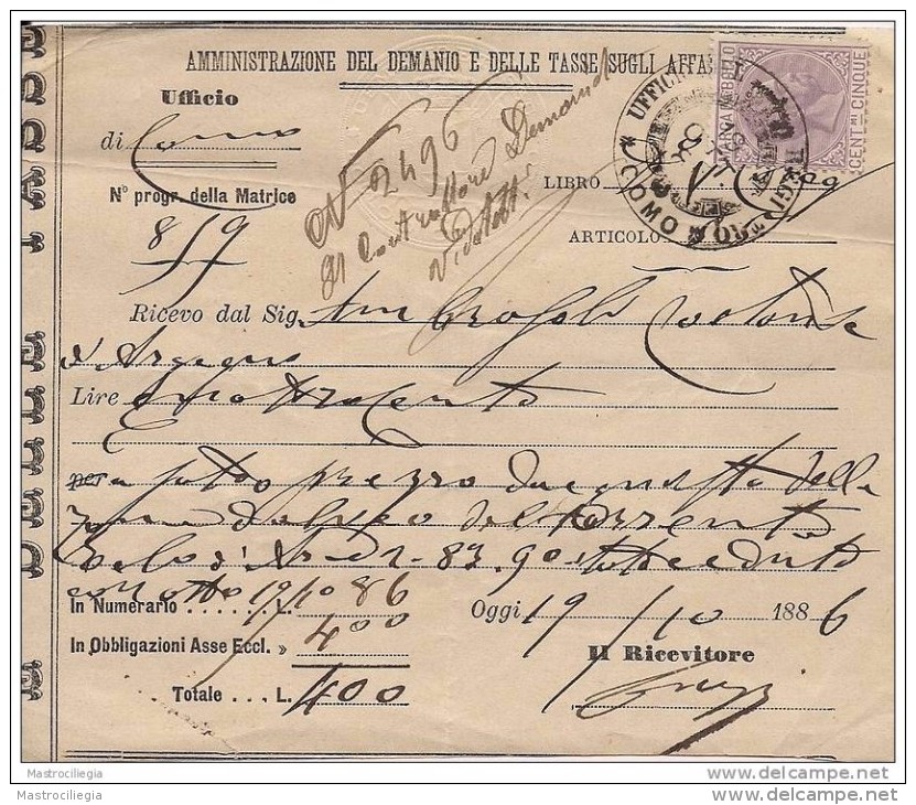 AMMINISTRAZIONE DEL DEMANIO E DELLE TASSE SUGLI AFFARI Ufficio Registro Di Como 1886 - Italia