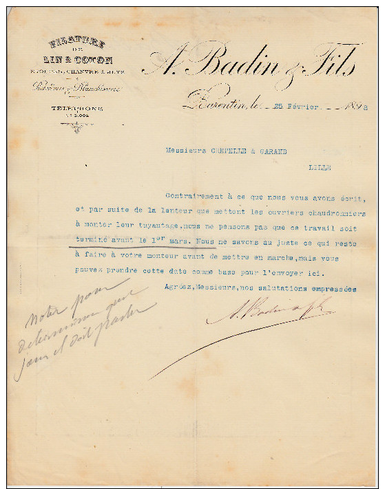 Filature De Lin Et Coton-a Badin & Fils-barentin Fevrier 1898 - Textile & Clothing