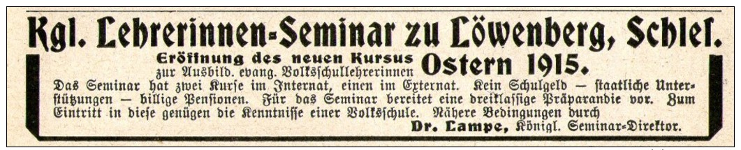 Original-Werbung/Anzeige 1914 - LÖWENBERG / SCHLESIEN / LEHRERINNEN - SEMINAR - Ca. 115 X 20 Mm - Werbung