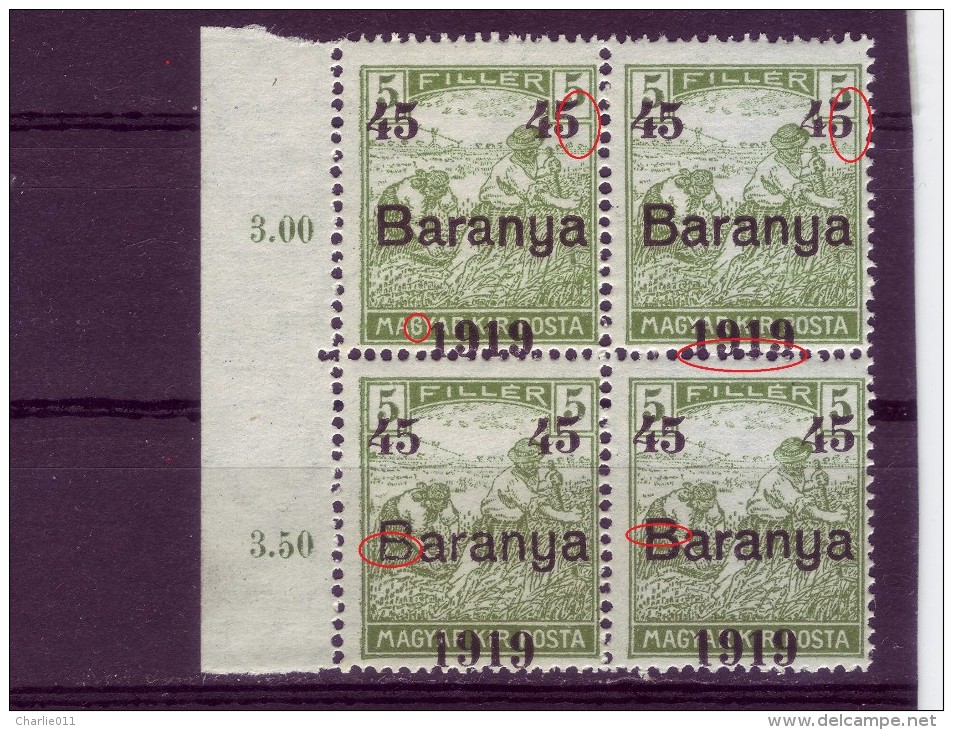 HARVESTERS-OVERPRINT-45-BLOCK OF FOUR-BARANYA-1919-VARIETY-YUGOSLAVIA-SERBIA-HUNGARY-1919 - Baranya