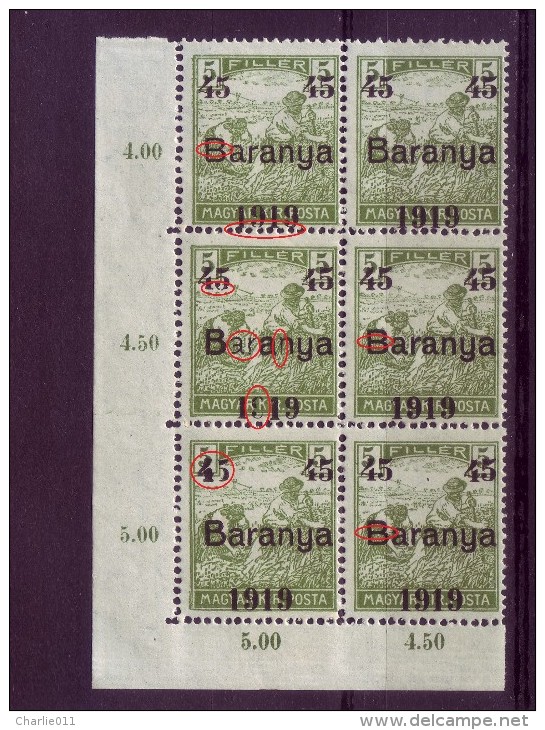 HARVESTERS-OVERPRINT-45-BLOCK OF SIX-BARANYA-ERROR-RARE-YUGOSLAVIA-SERBIA-HUNGARY-1919 - Baranya