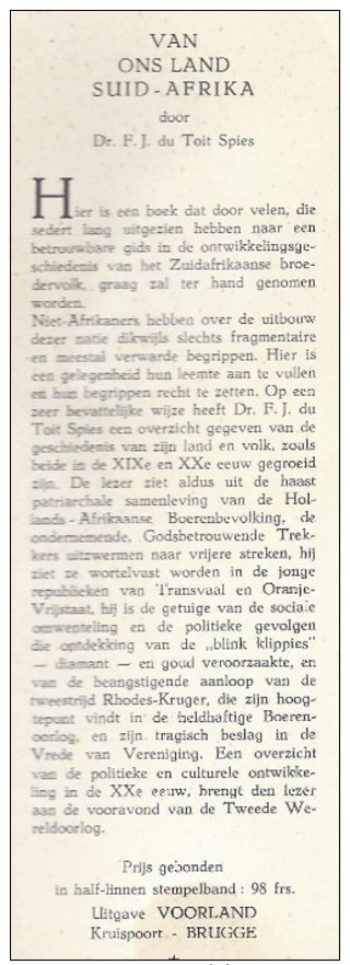 LIQUID - 2€ 1947 VAN ONS LAND SUID - AFRIKA F.J. DU TOIT SPIES IN HET ZUID-AFRIKAANS ZUID - AFRIKA - Autres & Non Classés