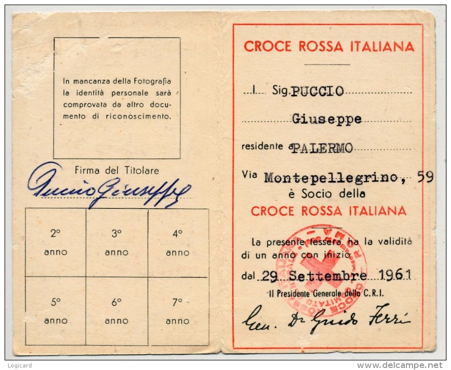 PALERMO TESSERA CROCE ROSSA ITALIANA 1961 - Documents Historiques