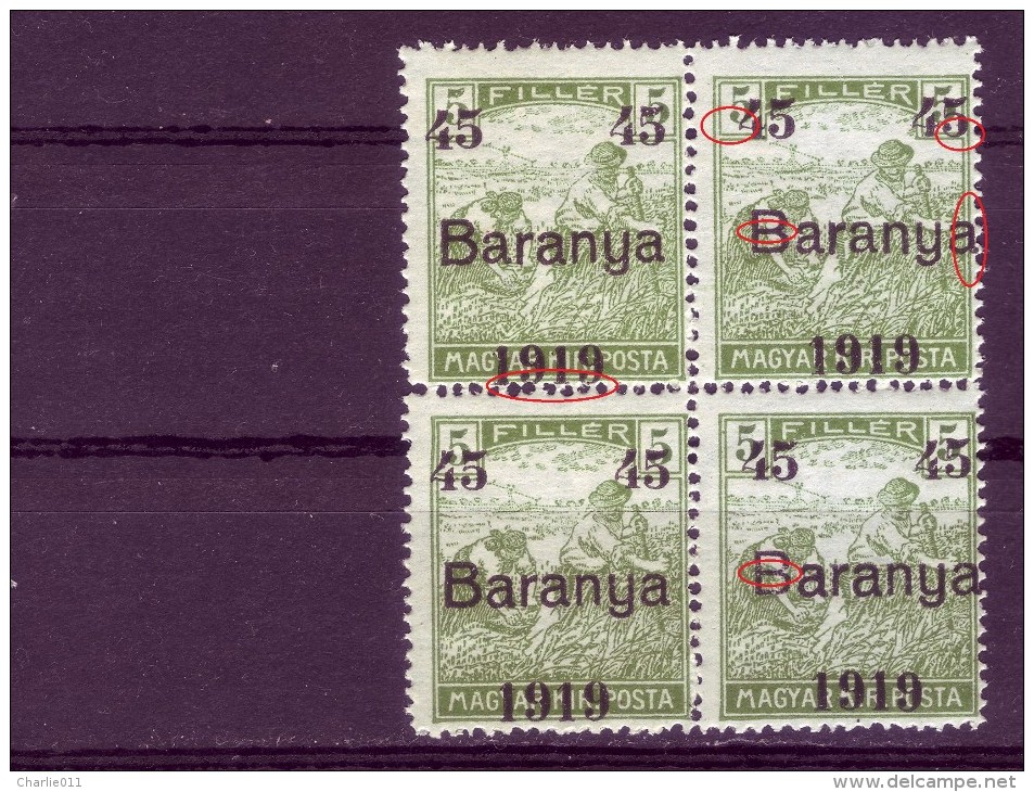 HARVESTERS-OVERPRINT-45-BLOCK OF FOUR-BARANYA-VARIETY-YUGOSLAVIA-SERBIA-HUNGARY-1919 - Baranya