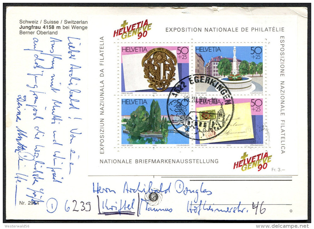 (1306) Schweiz, Echt Beförderte Ansichtskarte, Block Briefmarkenausstellung, MiNr. Block 26 - Lettres & Documents