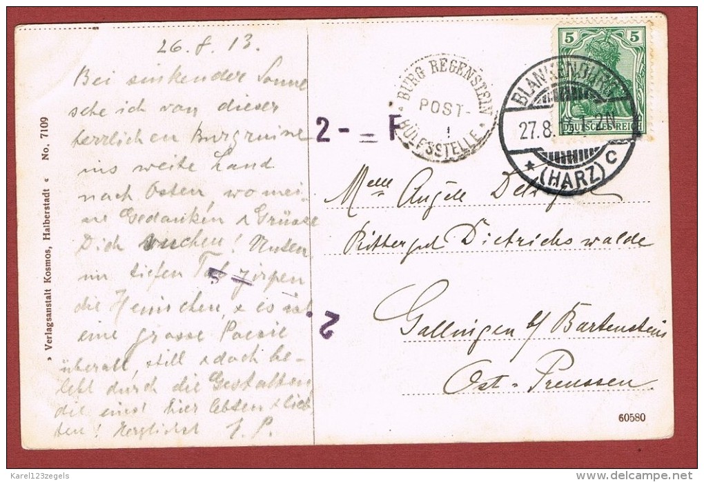 Ansichtkarte Stempel Burg Regenstein Posthülfsstelle & Abgangsstempel Blankenburg Harz 27/8/1913 - Briefe U. Dokumente