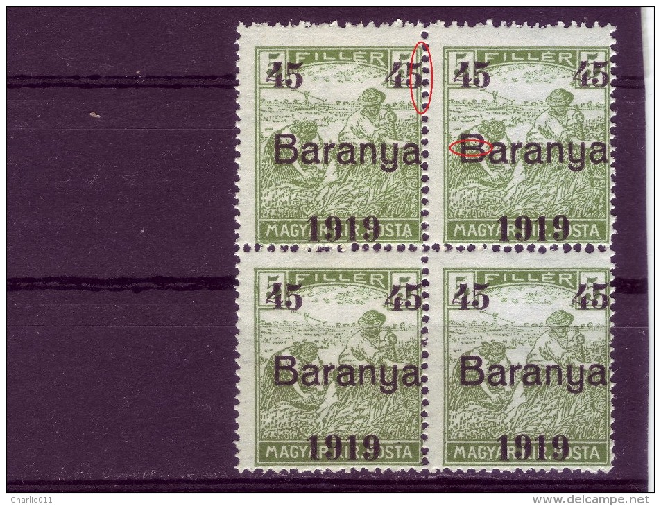 HARVESTERS-OVERPRINT-45-BLOCK OF FOUR-BARANYA-VARIETY-YUGOSLAVIA-SERBIA-HUNGARY-1919 - Baranya