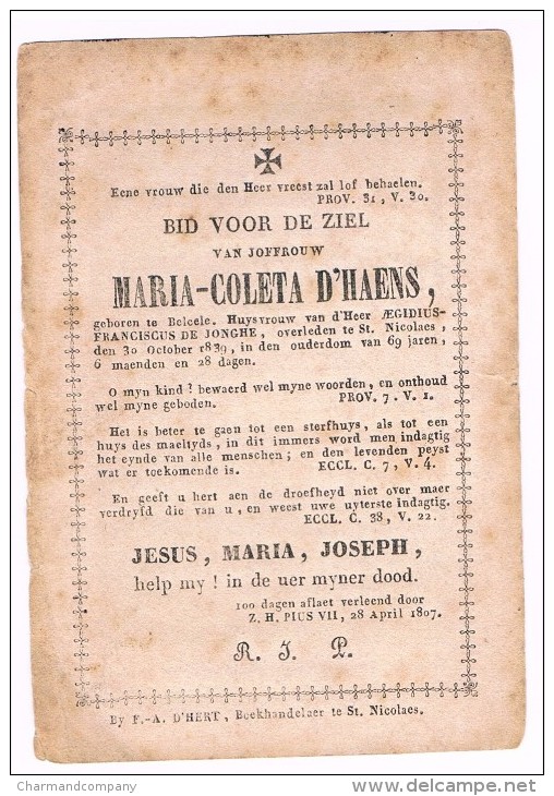 Bid Voor De Ziel, Maria-Coleta D'HAENS (A.F. De Jonghe), Belcele / St. Nicolaes 1839 (69 Jaren) - 2 Scans - Images Religieuses