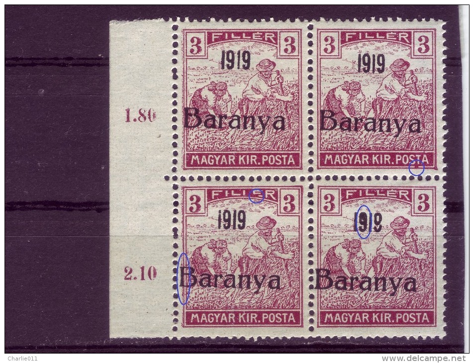 HARVESTERS-3 FIL-OVERPRINT-1919-BARANYA-BLOCK OF FOUR-ERROR-RARE-YUGOSLAVIA-SERBIA-HUNGARY-1919 - Baranya