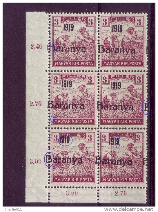 HARVESTERS-3 F-OVERPRINT-1919-BARANYA-BLOCK OF SIX-ERROR-YUGOSLAVIA-SERBIA-HUNGARY-1919 - Baranya