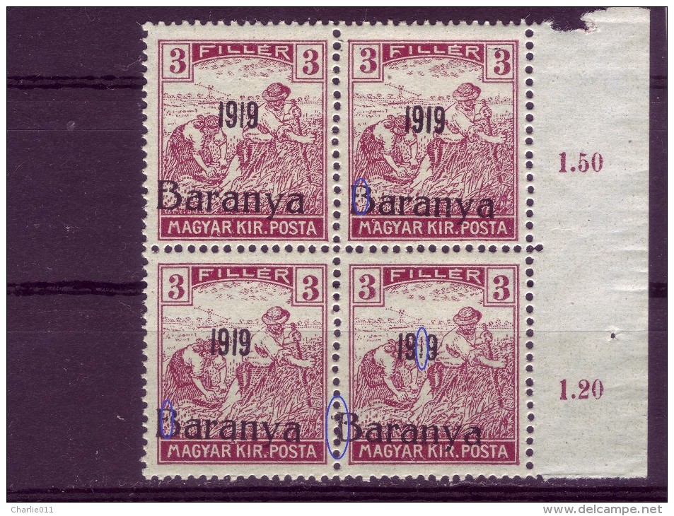 HARVESTERS-3 F-OVERPRINT-1919-BARANYA-BLOCK OF FOUR-ERROR-YUGOSLAVIA-SERBIA-HUNGARY-1919 - Baranya