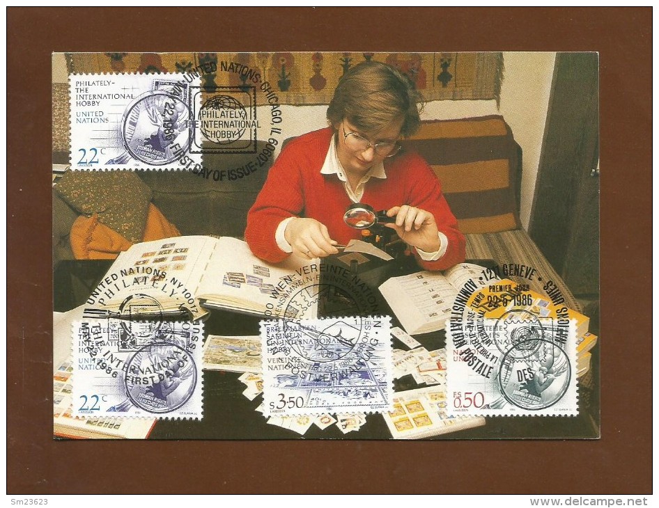 Vereinigte Nationen 1986 , Briefmarkensammeln - Ein Internationales Hobby  - Maximum Card - First Day  22.5.1986 - Gemeinschaftsausgaben New York/Genf/Wien