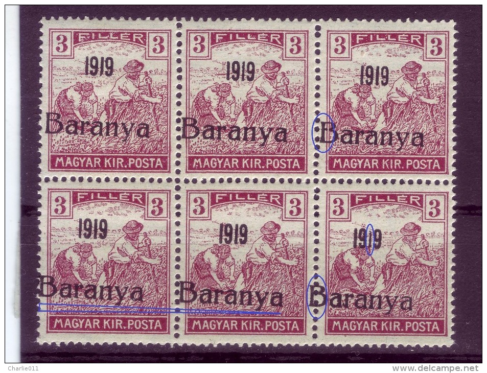 HARVESTERS-3 F-MISPLACED OVERPRINT-BARANYA-ERROR-BLOCK OF SIX-VARIETY-YUGOSLAVIA-SERBIA-HUNGARY-1919 - Baranya