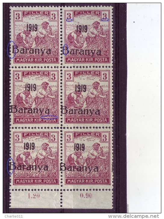 HARVESTERS-3 F-OVERPRINT-1919-BARANYA-BLOCK OF SIX-VARIETY 2-YUGOSLAVIA-SERBIA-HUNGARY-1919 - Baranya