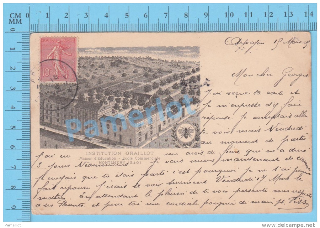 CPA Montlhery ( Institution Graillot Ecole Commerciale, , 1905, Dos Indivisé,  ) 2 Scans - Montlhery