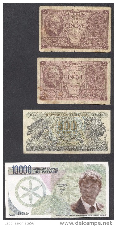 6901-LOTTO DI N°. 3 BANCONOTE DELLA REPUBBLICA(5 LIRE-500 LIRE) + BANCONOTA DELLA PADANIA(10.000 LIRE) - Collezioni