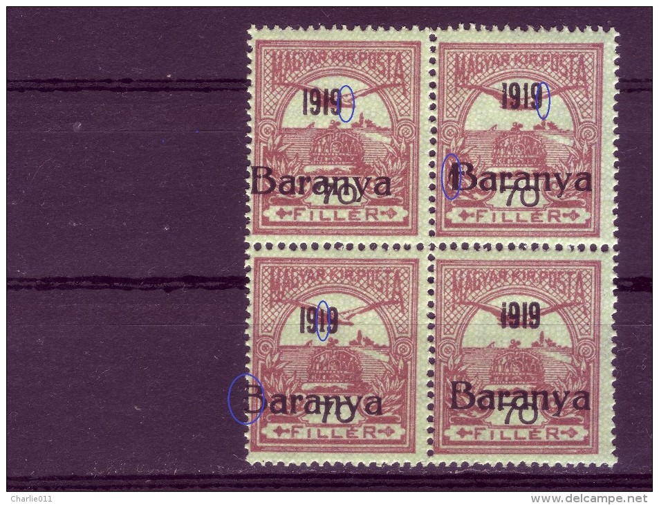 TURUL-70 FIL-OVERPRINT-BARANYA -1919-BLOCK OF FOUR-ERROR-YUGOSLAVIA-SERBIA-HUNGARY-1919 - Baranya