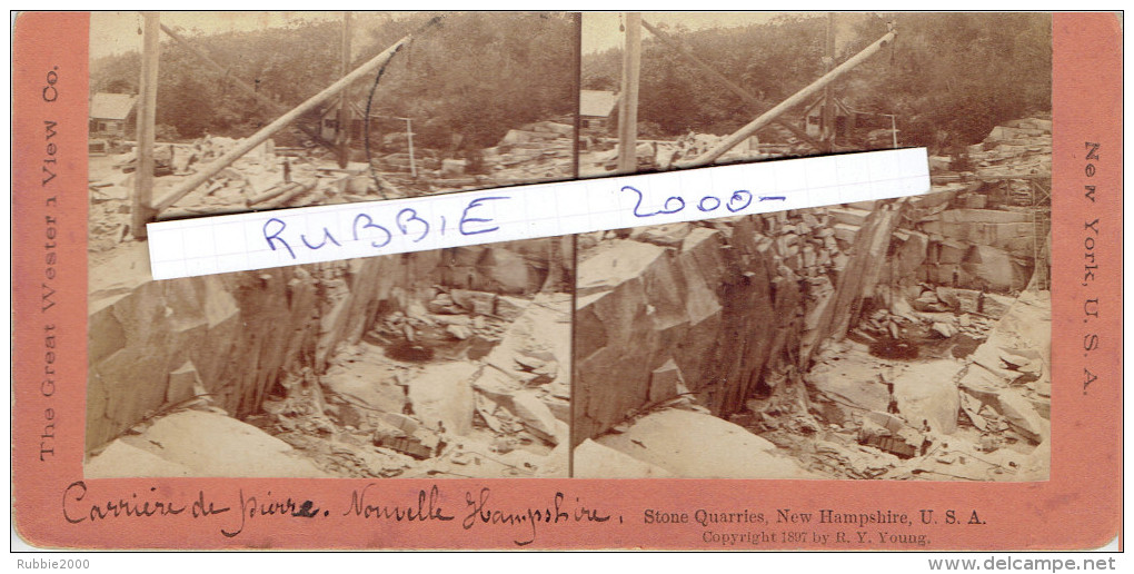 PHOTOGRAPHIE STEREO 1897 STONE QUARRIES NEW HAMSHIRE USA CARRIERE DE PIERRE NOUVELLE HAMPSHIRE THE GREAT WERTERN VIEW CO - Stereoscopio