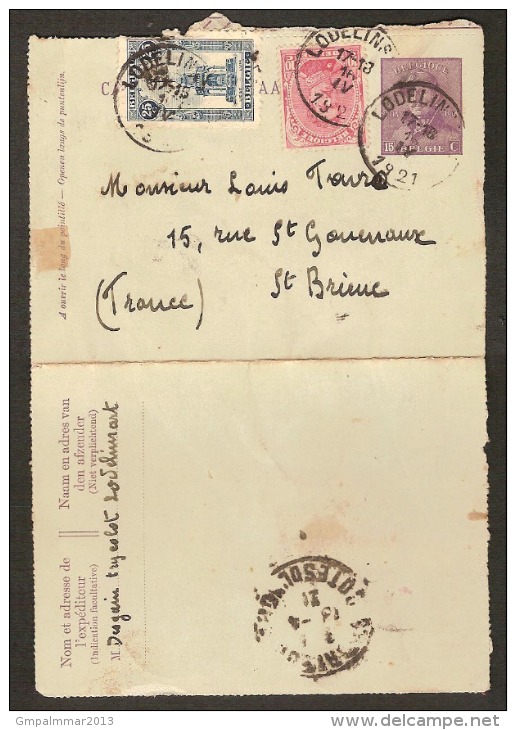 Postkaart Van Nr. 169 Gefrankeerd Met Nrs. 164 En 138 Verzonden Uit LODELINSART Naar FRANKRIJK Dd. 16/4/1921 ! ZELDZAAM - 1919-1920  Cascos De Trinchera